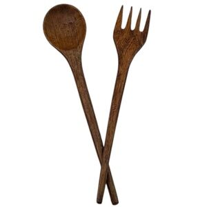 Vintage Wooden Salad Servers Spoon Fork Hand Carved Rustic Kitchen Set